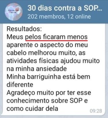 Print de mensagem de aluna: Meus pelos ficaram menos aparentes, o aspecto do meu cabelo melhorou muito e as atividades físicas ajudaram muito na minha ansiedade. Agradeço muito por ter esse conhecimento sobre SOP e como cuidar dela.